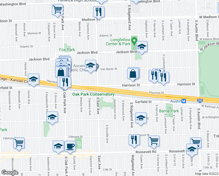 map of restaurants, bars, coffee shops, grocery stores, and more near 501 Harrison Street in Oak Park