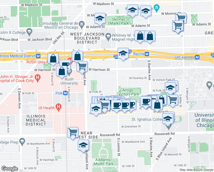 map of restaurants, bars, coffee shops, grocery stores, and more near 1441 West Lexington Street in Chicago