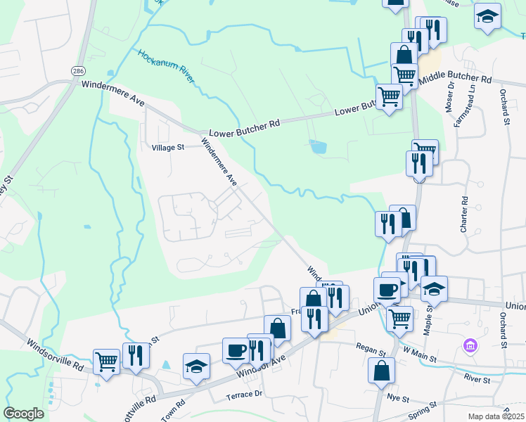 map of restaurants, bars, coffee shops, grocery stores, and more near 58 Windermere Village Road in Ellington