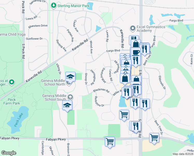 map of restaurants, bars, coffee shops, grocery stores, and more near 2665 Danford Way in Geneva