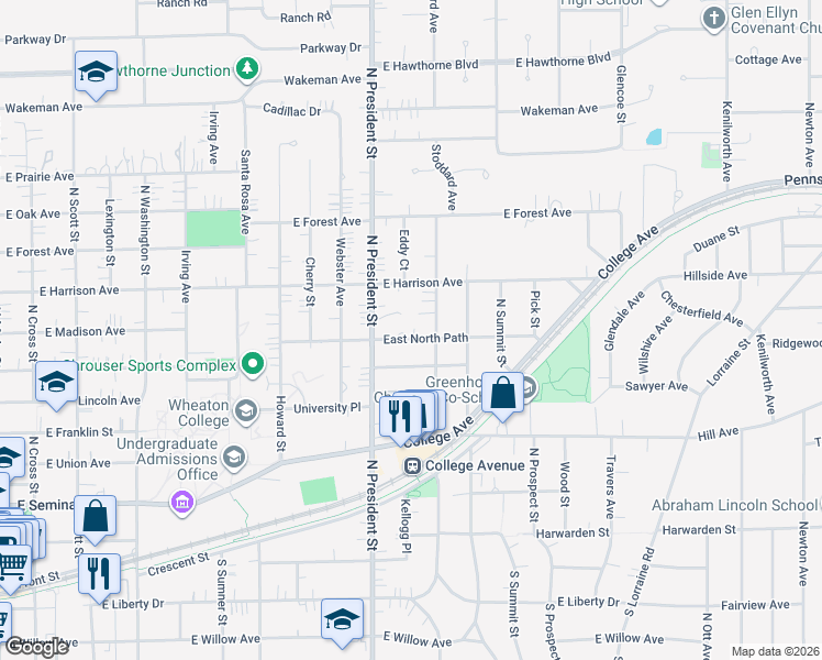 map of restaurants, bars, coffee shops, grocery stores, and more near 1103 East North Path in Wheaton