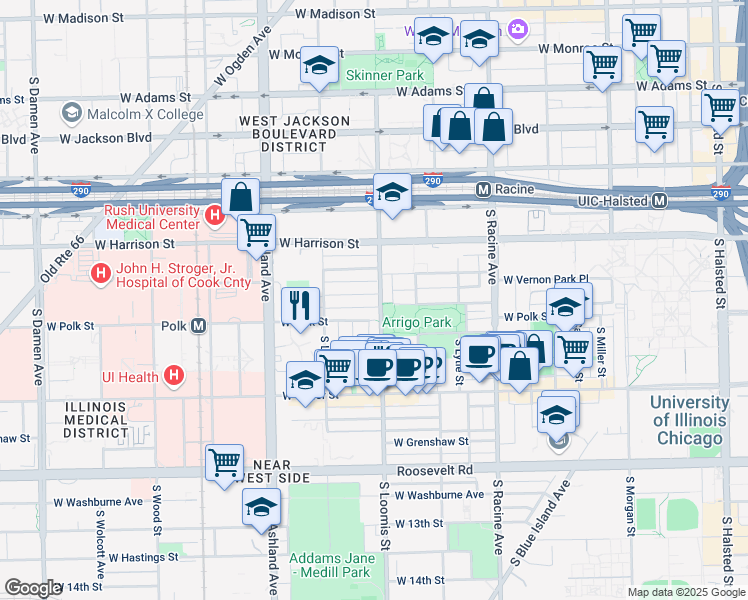 map of restaurants, bars, coffee shops, grocery stores, and more near 729 South Loomis Street in Chicago