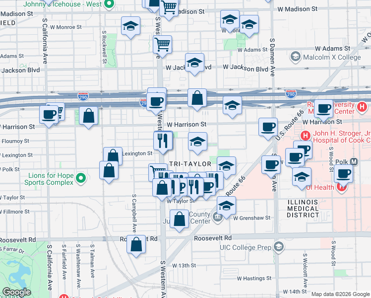 map of restaurants, bars, coffee shops, grocery stores, and more near 724 South Oakley Boulevard in Chicago