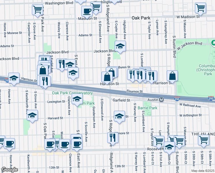 map of restaurants, bars, coffee shops, grocery stores, and more near 401 Harrison Street in Oak Park
