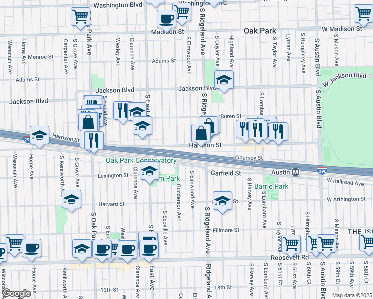 map of restaurants, bars, coffee shops, grocery stores, and more near 435 Harrison Street in Oak Park