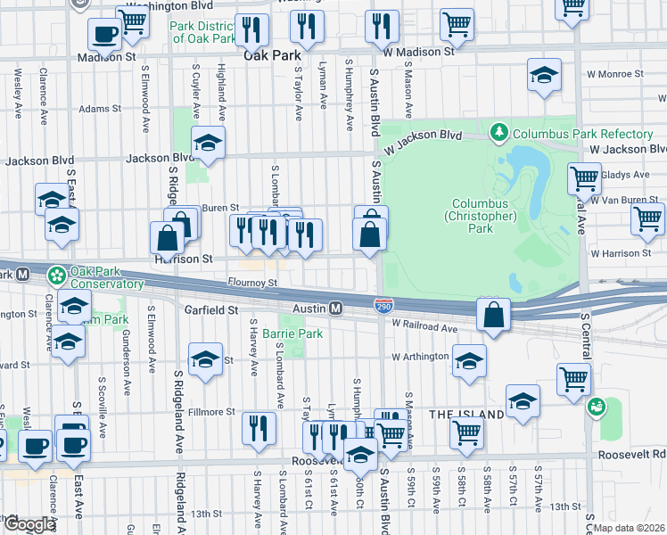 map of restaurants, bars, coffee shops, grocery stores, and more near 905 Lyman Avenue in Oak Park