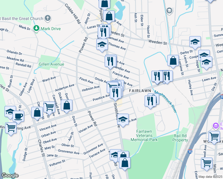 map of restaurants, bars, coffee shops, grocery stores, and more near 422 Smithfield Avenue in Pawtucket