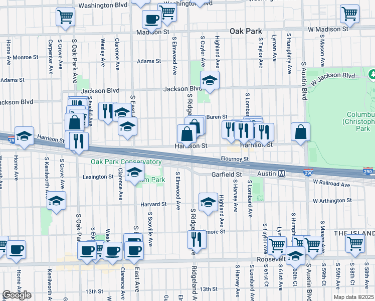 map of restaurants, bars, coffee shops, grocery stores, and more near 401 Harrison Street in Oak Park