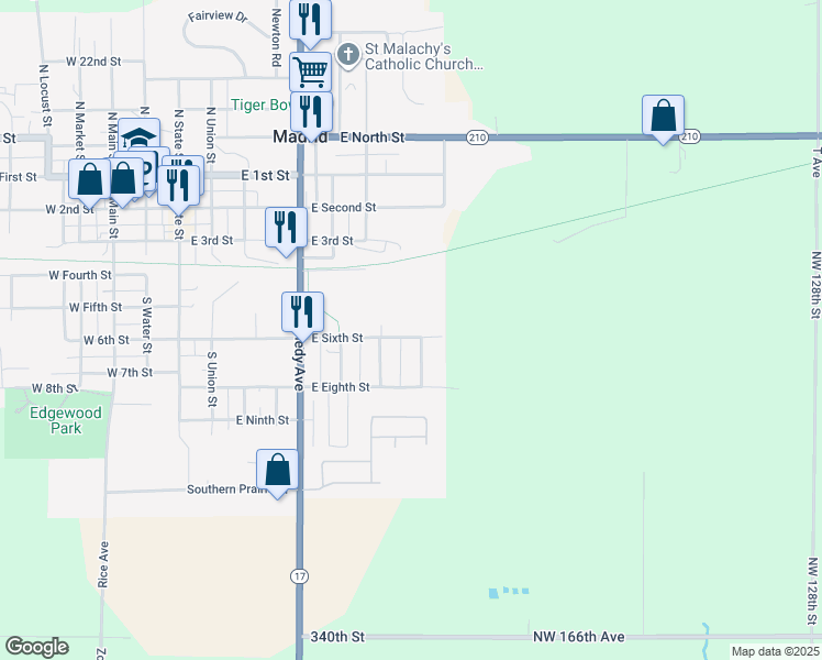 map of restaurants, bars, coffee shops, grocery stores, and more near 717 East Sixth Street in Madrid
