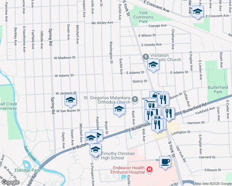 map of restaurants, bars, coffee shops, grocery stores, and more near 867 Washington Street in Elmhurst