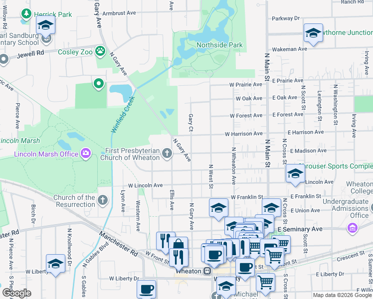 map of restaurants, bars, coffee shops, grocery stores, and more near 425 West Madison Avenue in Wheaton