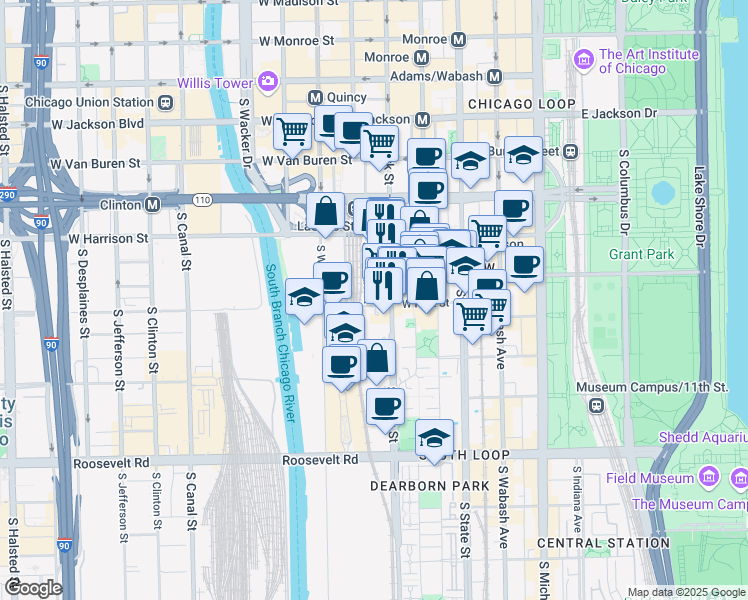 map of restaurants, bars, coffee shops, grocery stores, and more near 124 West Polk Street in Chicago
