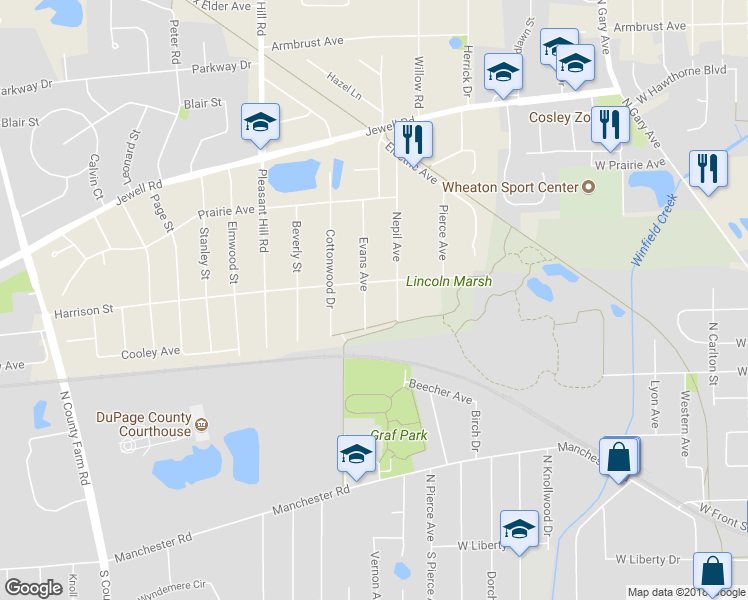 map of restaurants, bars, coffee shops, grocery stores, and more near S23 Evans Avenue in Wheaton