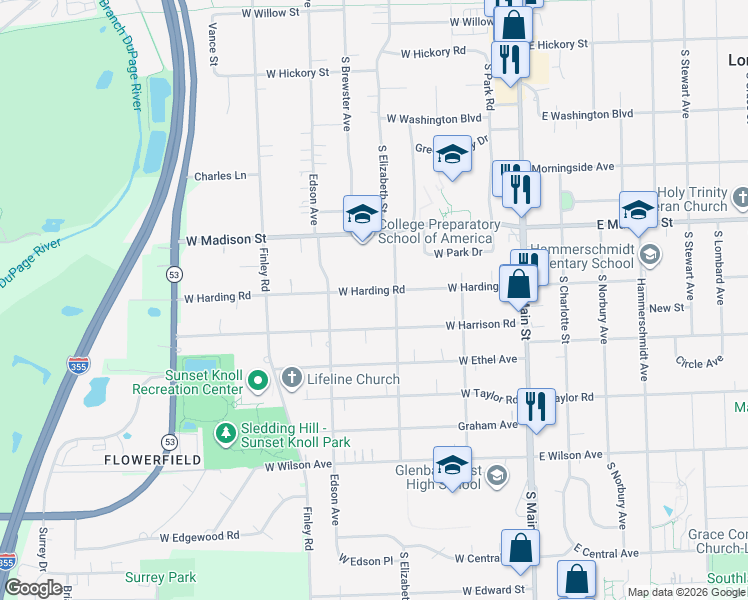 map of restaurants, bars, coffee shops, grocery stores, and more near 319 West Harding Road in Lombard