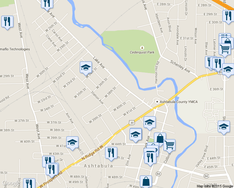 map of restaurants, bars, coffee shops, grocery stores, and more near 3824 Spencer Ave in Ashtabula