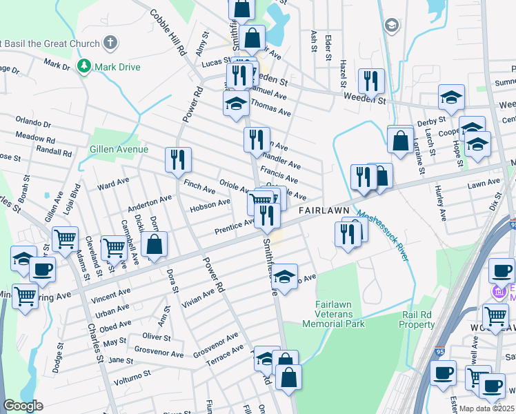 map of restaurants, bars, coffee shops, grocery stores, and more near 30 Columbia Avenue in Pawtucket
