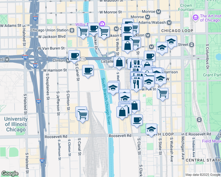map of restaurants, bars, coffee shops, grocery stores, and more near 704 South Wells Street in Chicago