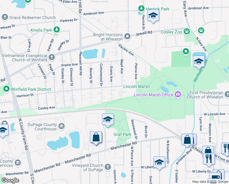 map of restaurants, bars, coffee shops, grocery stores, and more near S23 Evans Avenue in Wheaton