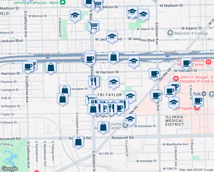 map of restaurants, bars, coffee shops, grocery stores, and more near in Chicago