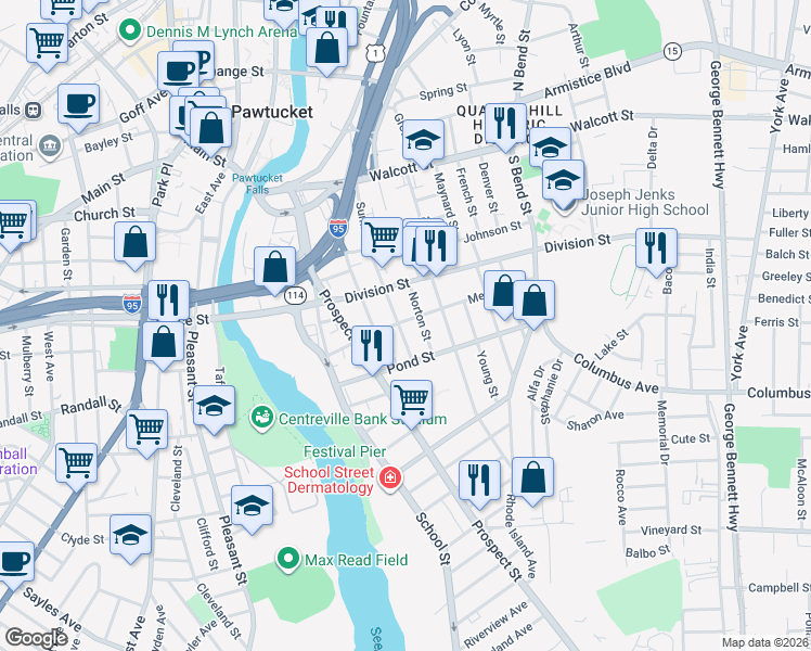map of restaurants, bars, coffee shops, grocery stores, and more near 84 Meadow Street in Pawtucket