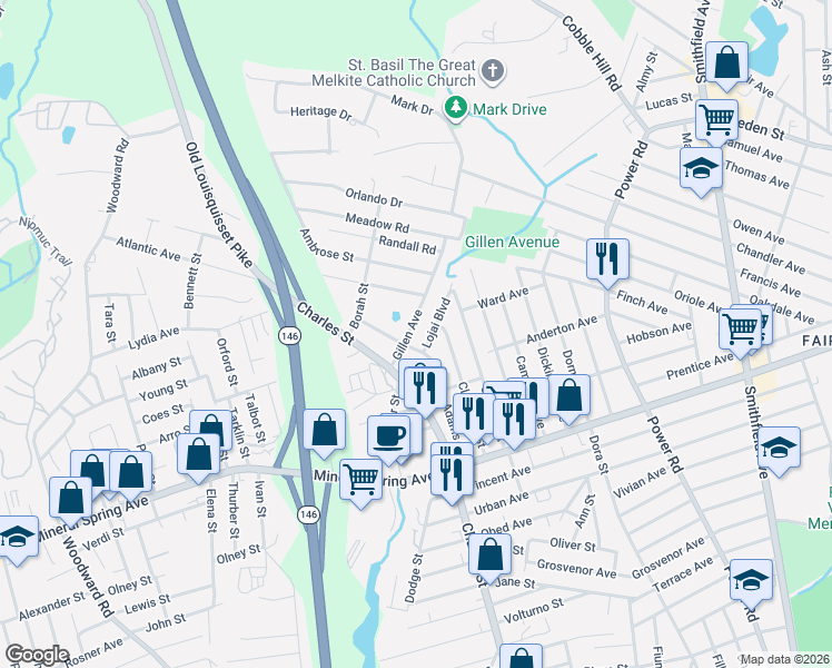 map of restaurants, bars, coffee shops, grocery stores, and more near 40 Gillen Avenue in North Providence