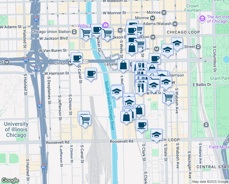 map of restaurants, bars, coffee shops, grocery stores, and more near 704 South Wells Street in Chicago