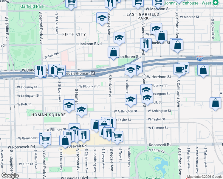 map of restaurants, bars, coffee shops, grocery stores, and more near 711 South Kedzie Avenue in Chicago