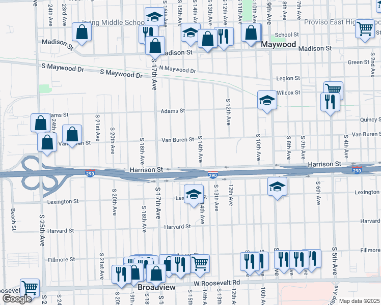 map of restaurants, bars, coffee shops, grocery stores, and more near 1619 South 15th Avenue in Maywood