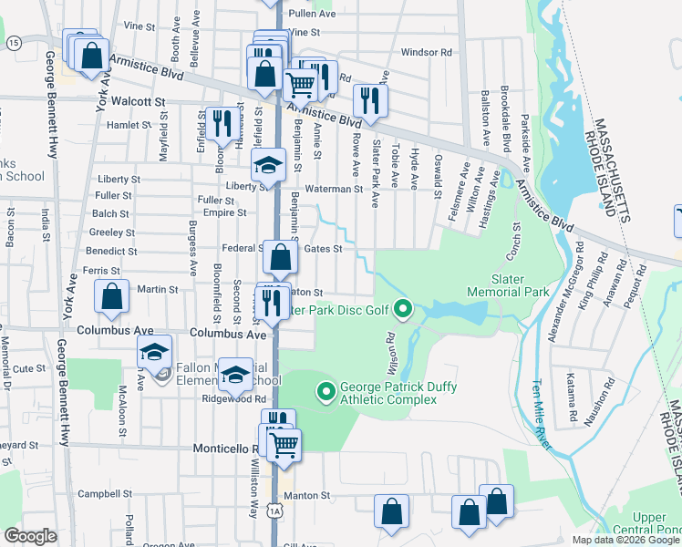 map of restaurants, bars, coffee shops, grocery stores, and more near 244 Annie Street in Pawtucket