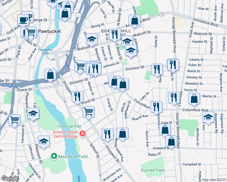 map of restaurants, bars, coffee shops, grocery stores, and more near 49 Kepler Street in Pawtucket