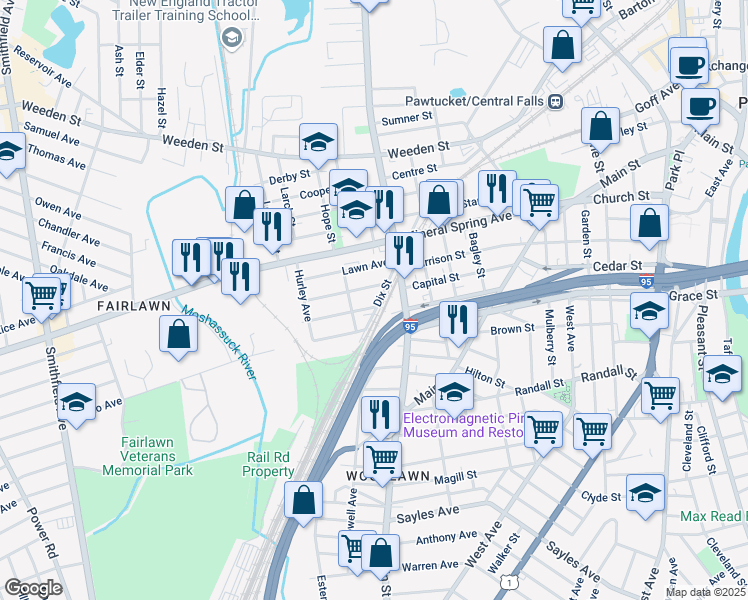map of restaurants, bars, coffee shops, grocery stores, and more near 22 Forest Avenue in Pawtucket