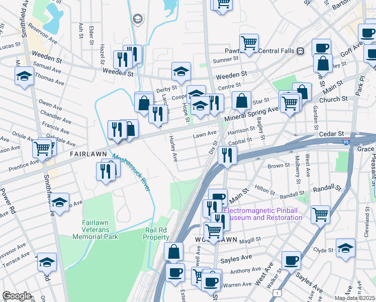 map of restaurants, bars, coffee shops, grocery stores, and more near 54 Forest Avenue in Pawtucket