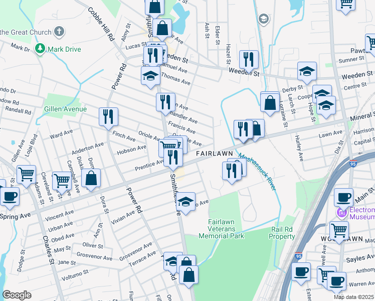 map of restaurants, bars, coffee shops, grocery stores, and more near 61 Fairview Avenue in Pawtucket