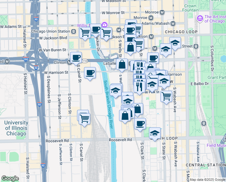 map of restaurants, bars, coffee shops, grocery stores, and more near 704 South Wells Street in Chicago