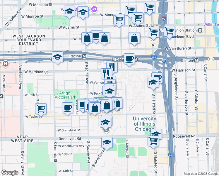 map of restaurants, bars, coffee shops, grocery stores, and more near 717 South Aberdeen Street in Chicago