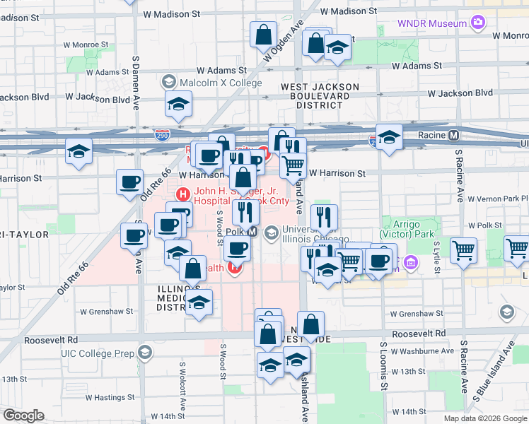 map of restaurants, bars, coffee shops, grocery stores, and more near in Chicago