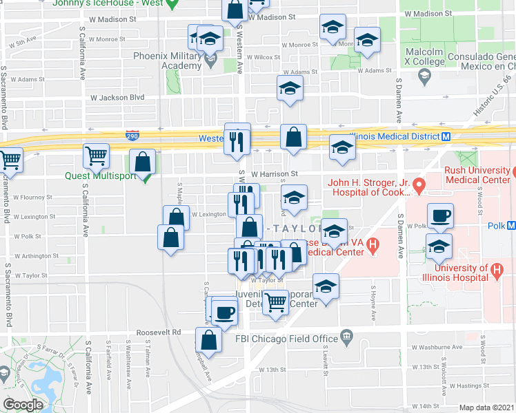 map of restaurants, bars, coffee shops, grocery stores, and more near 717 South Western Avenue in Chicago