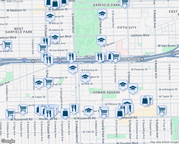 map of restaurants, bars, coffee shops, grocery stores, and more near 3711 West Flournoy Street in Chicago