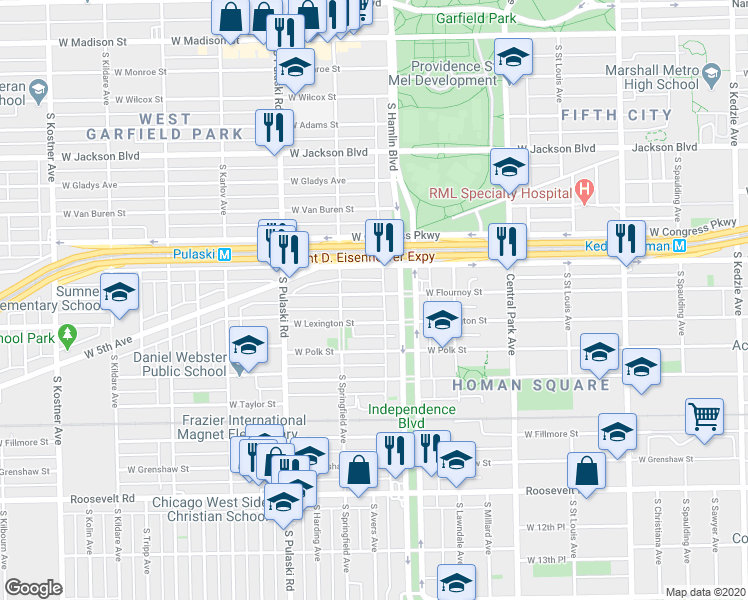 map of restaurants, bars, coffee shops, grocery stores, and more near 3827 West Flournoy Street in Chicago