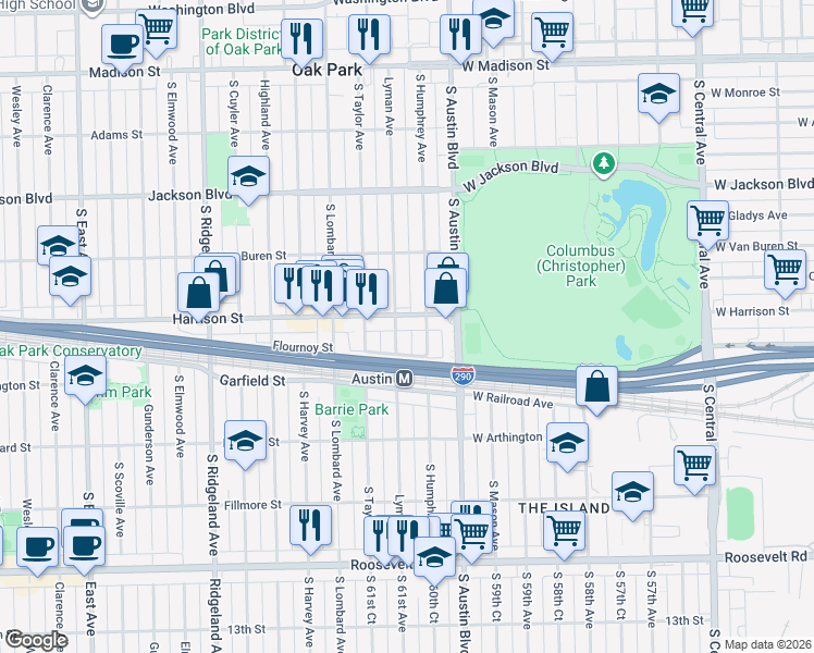 map of restaurants, bars, coffee shops, grocery stores, and more near 905 Lyman Avenue in Oak Park