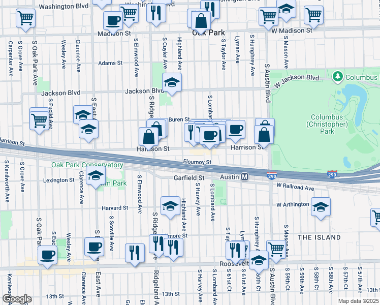 map of restaurants, bars, coffee shops, grocery stores, and more near 900 Highland Avenue in Oak Park