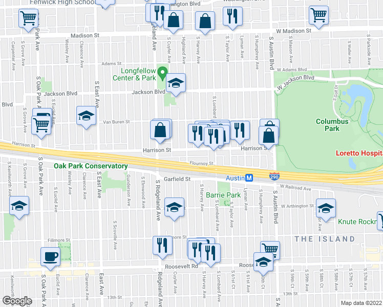 map of restaurants, bars, coffee shops, grocery stores, and more near 900 Highland Avenue in Oak Park