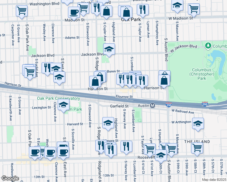 map of restaurants, bars, coffee shops, grocery stores, and more near 900 Highland Avenue in Oak Park