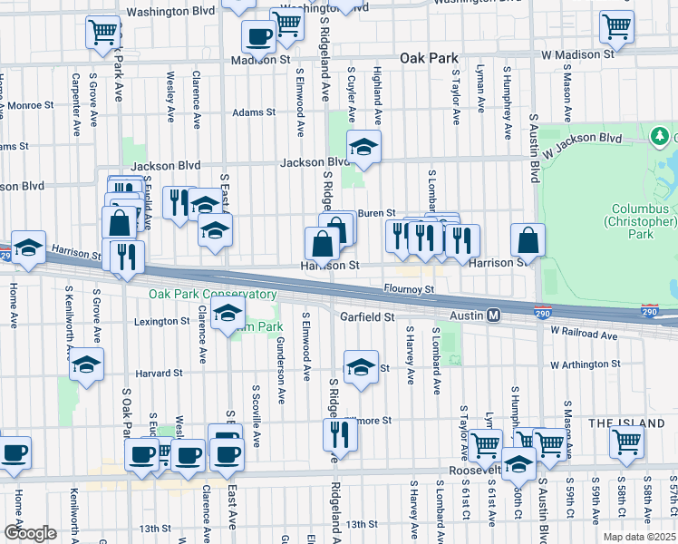 map of restaurants, bars, coffee shops, grocery stores, and more near 401 Harrison Street in Oak Park