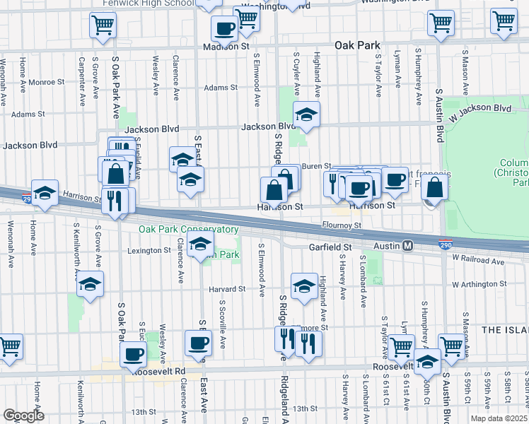 map of restaurants, bars, coffee shops, grocery stores, and more near 401 Harrison Street in Oak Park
