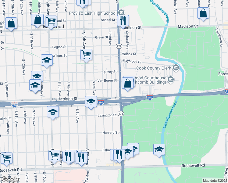 map of restaurants, bars, coffee shops, grocery stores, and more near 1704 Illinois 171 in Maywood