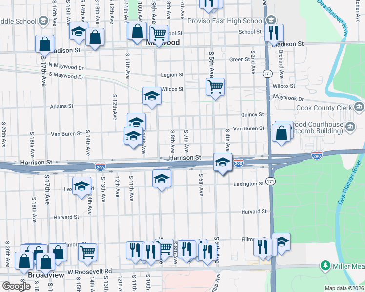map of restaurants, bars, coffee shops, grocery stores, and more near 1100 Congress Street in Maywood