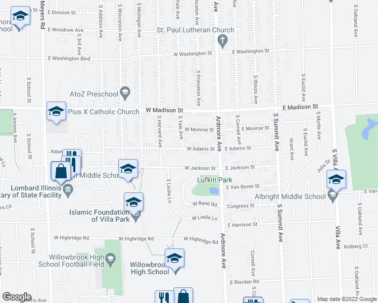 map of restaurants, bars, coffee shops, grocery stores, and more near 51 West Adams Street in Villa Park