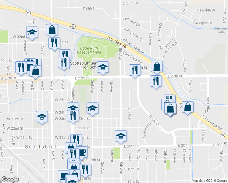 map of restaurants, bars, coffee shops, grocery stores, and more near 410 East 26th Street in Scottsbluff