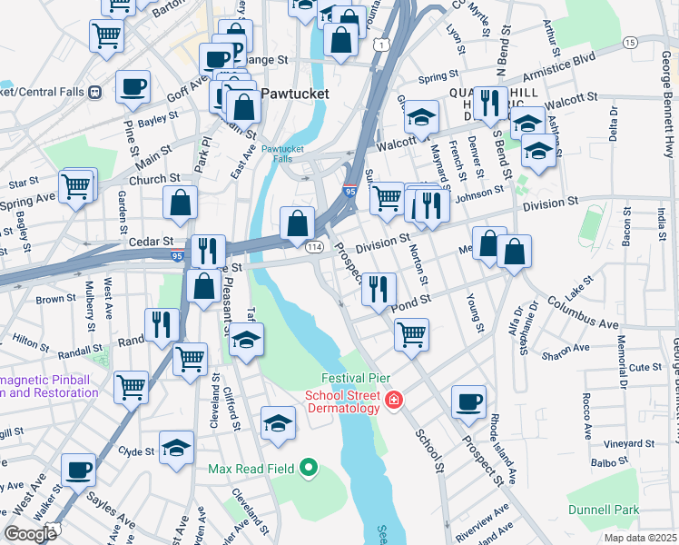 map of restaurants, bars, coffee shops, grocery stores, and more near 31 Bowers Street in Pawtucket